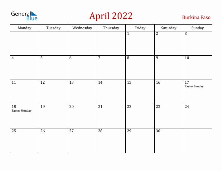 Burkina Faso April 2022 Calendar - Monday Start