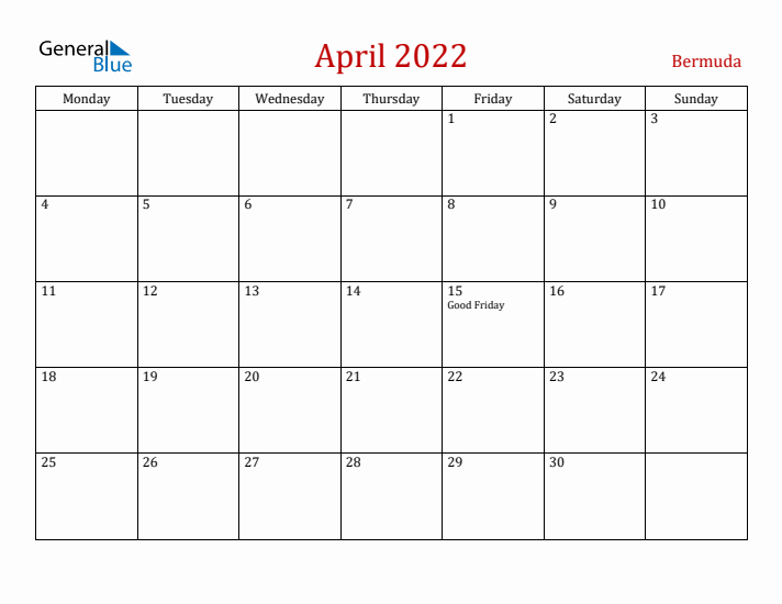 Bermuda April 2022 Calendar - Monday Start