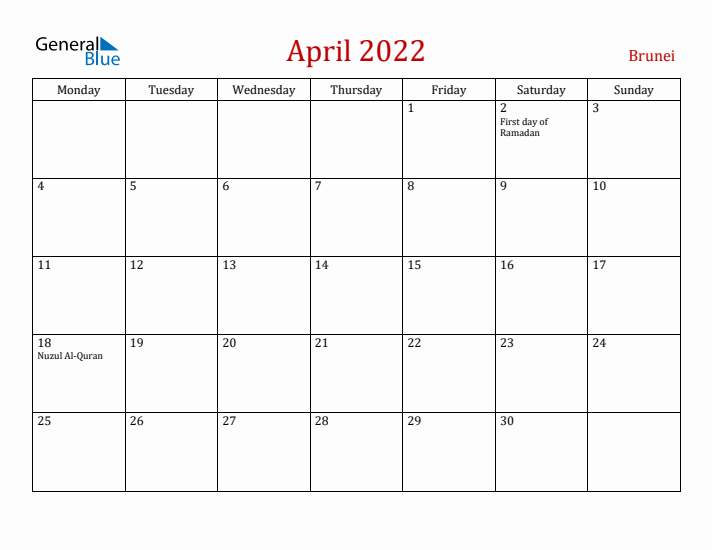 Brunei April 2022 Calendar - Monday Start
