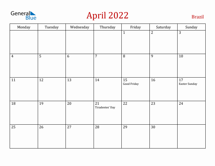 Brazil April 2022 Calendar - Monday Start