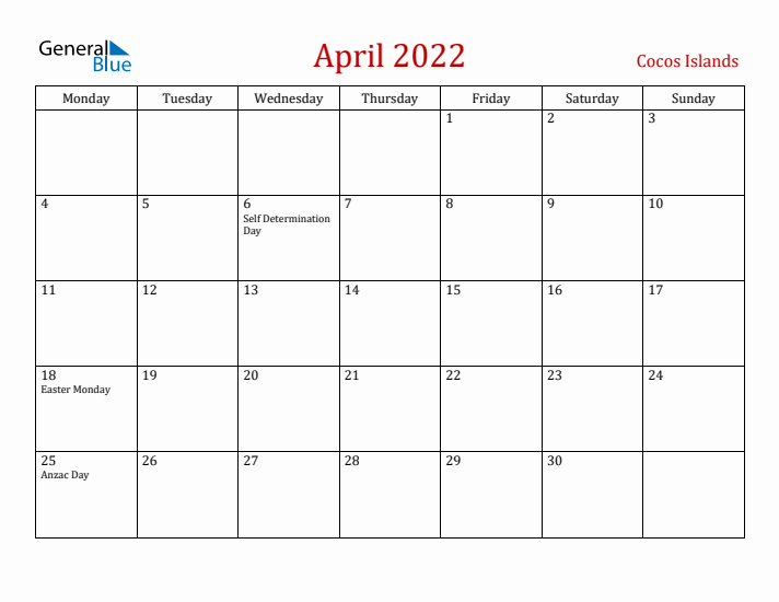 Cocos Islands April 2022 Calendar - Monday Start