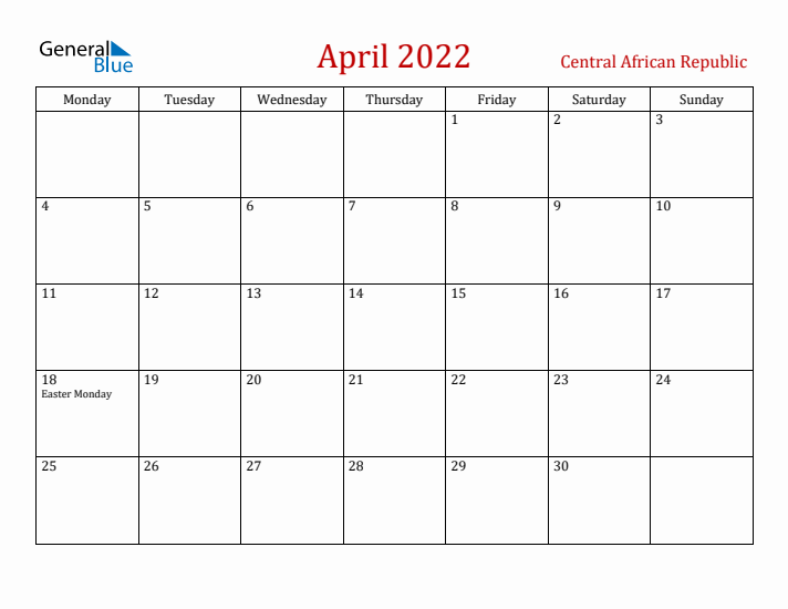 Central African Republic April 2022 Calendar - Monday Start