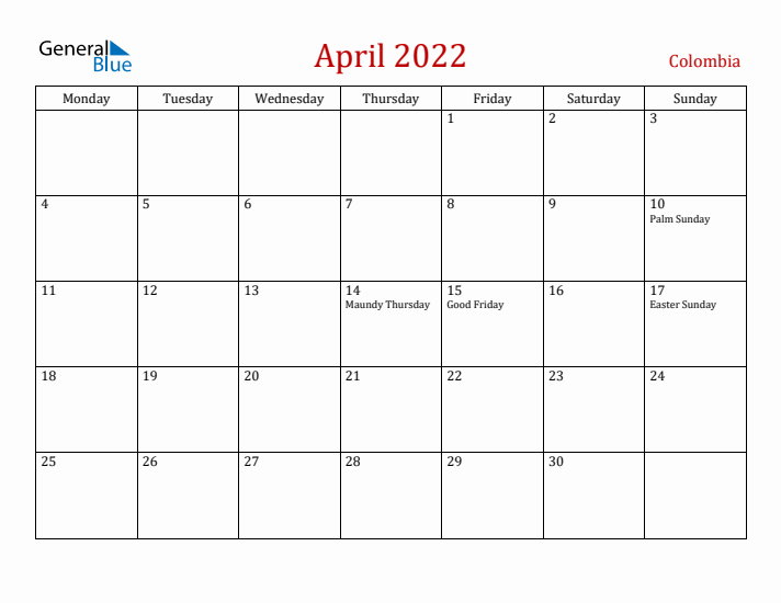 Colombia April 2022 Calendar - Monday Start