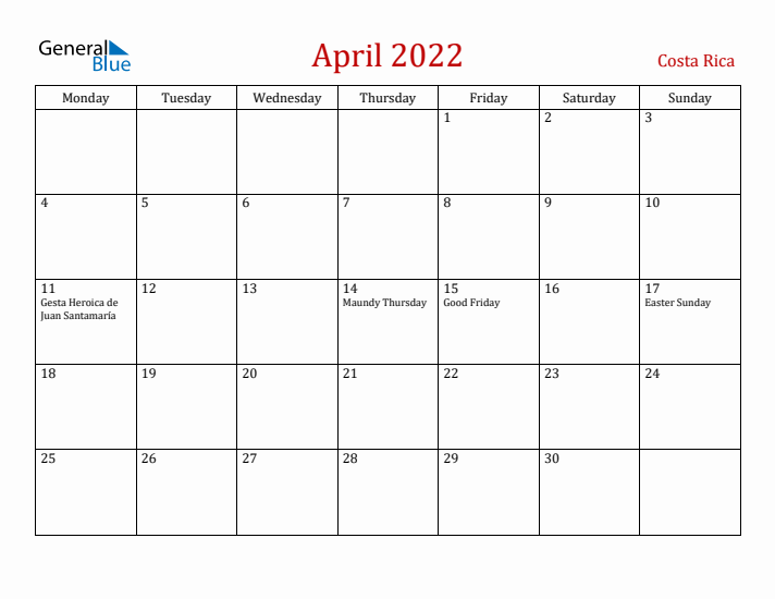 Costa Rica April 2022 Calendar - Monday Start