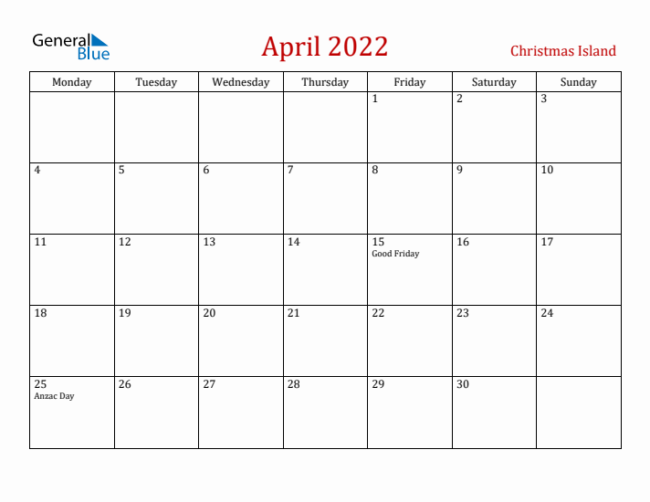 Christmas Island April 2022 Calendar - Monday Start