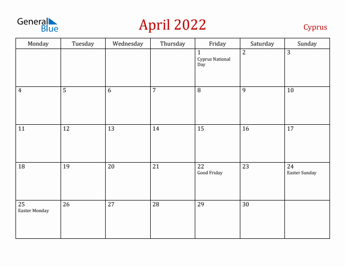 Cyprus April 2022 Calendar - Monday Start