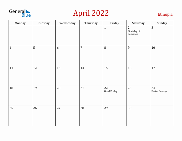 Ethiopia April 2022 Calendar - Monday Start