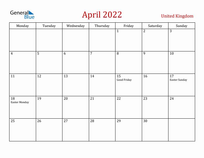United Kingdom April 2022 Calendar - Monday Start