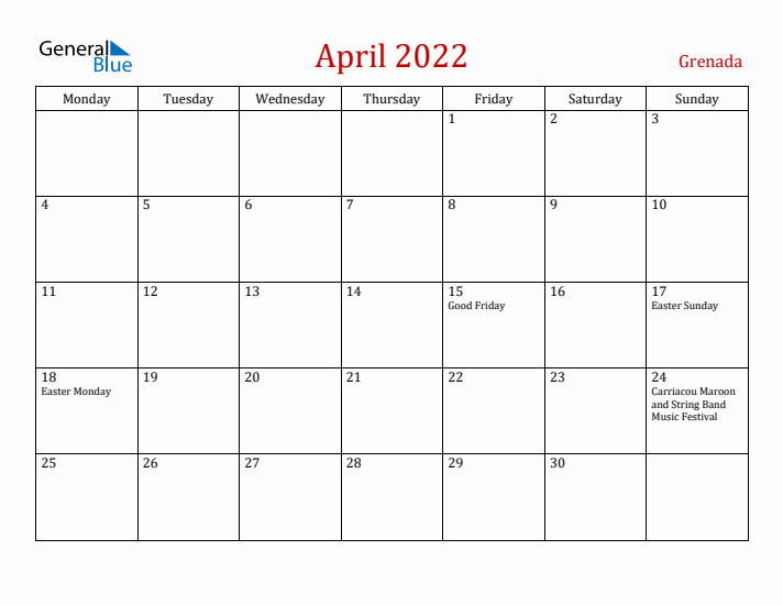Grenada April 2022 Calendar - Monday Start