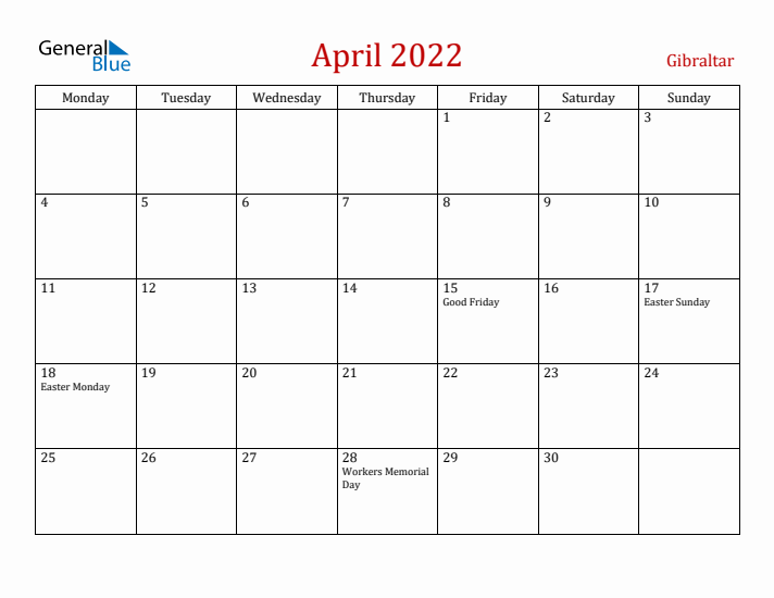 Gibraltar April 2022 Calendar - Monday Start