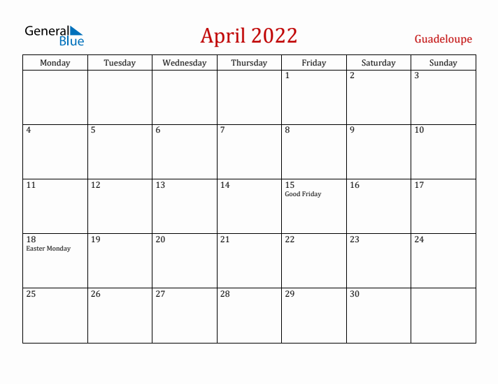 Guadeloupe April 2022 Calendar - Monday Start