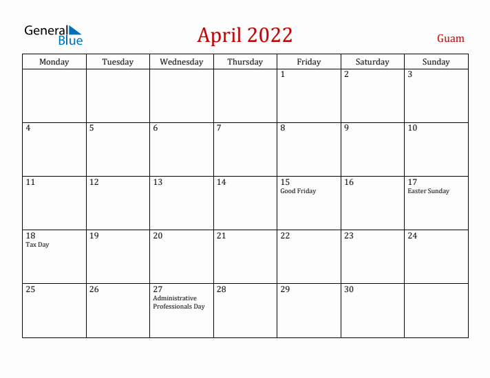 Guam April 2022 Calendar - Monday Start