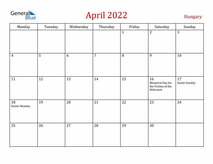 Hungary April 2022 Calendar - Monday Start