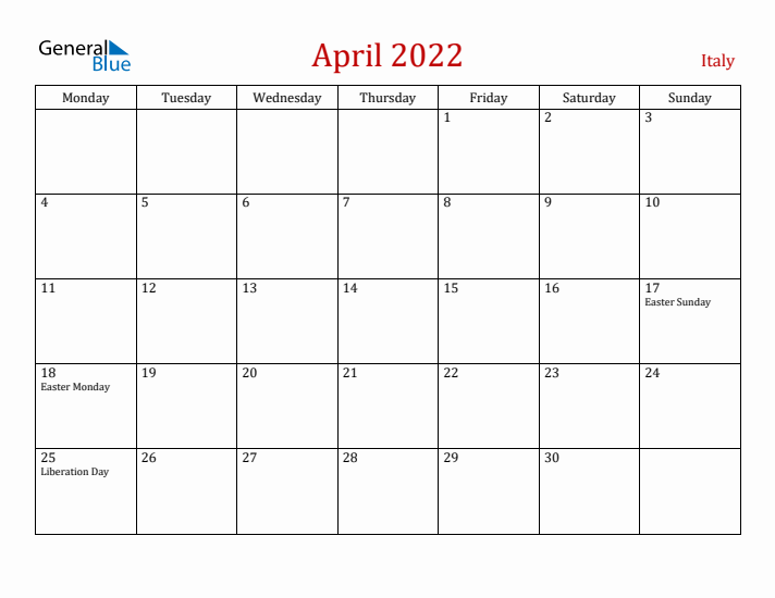 Italy April 2022 Calendar - Monday Start