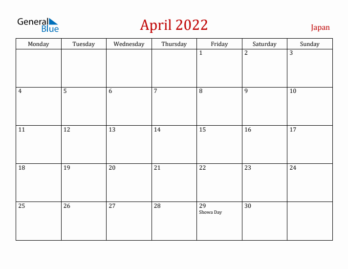 Japan April 2022 Calendar - Monday Start