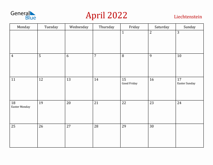 Liechtenstein April 2022 Calendar - Monday Start