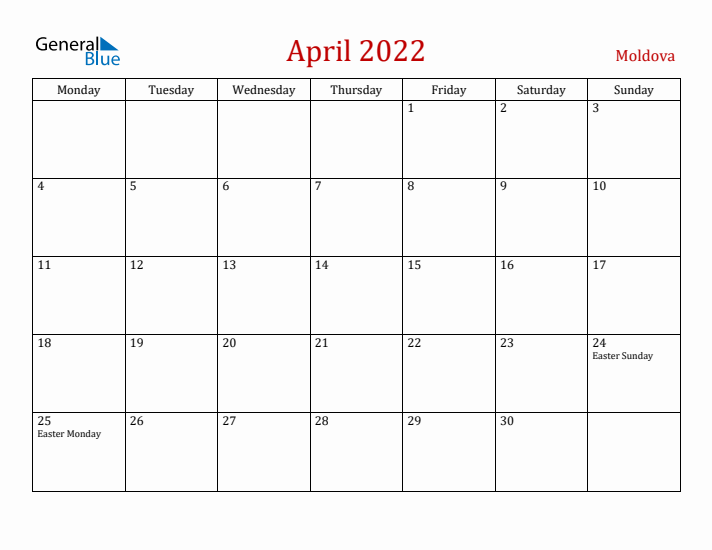 Moldova April 2022 Calendar - Monday Start