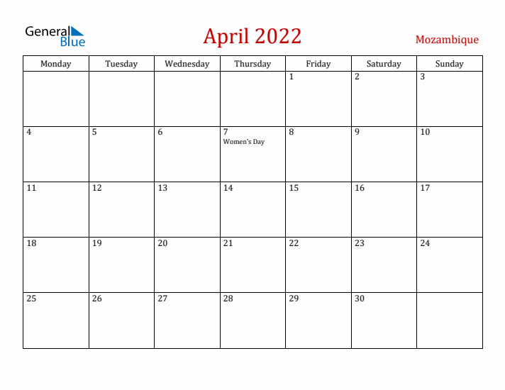 Mozambique April 2022 Calendar - Monday Start