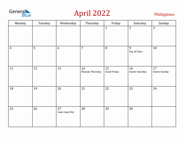Philippines April 2022 Calendar - Monday Start