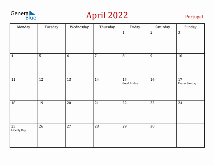 Portugal April 2022 Calendar - Monday Start