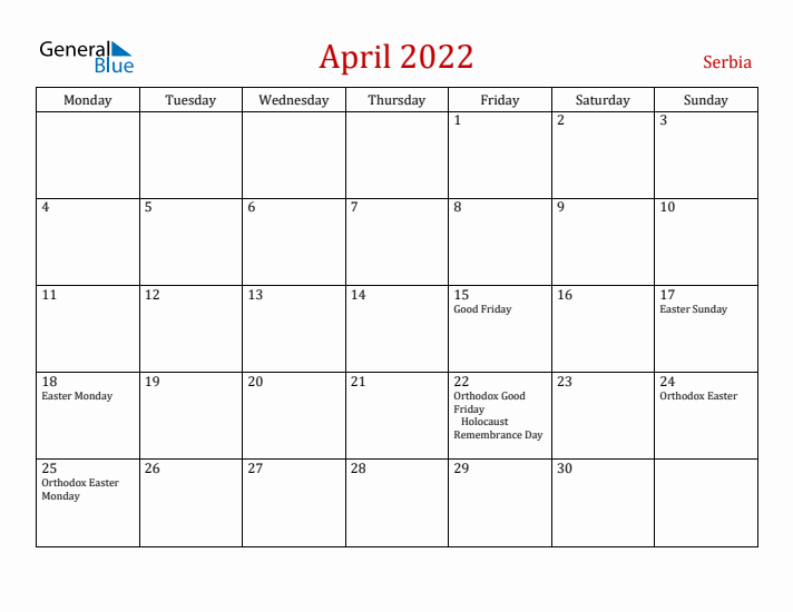 Serbia April 2022 Calendar - Monday Start