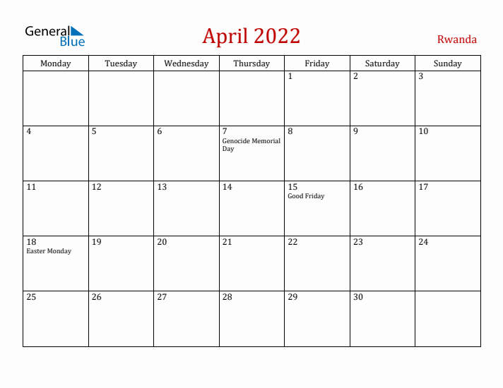 Rwanda April 2022 Calendar - Monday Start