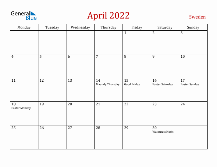Sweden April 2022 Calendar - Monday Start