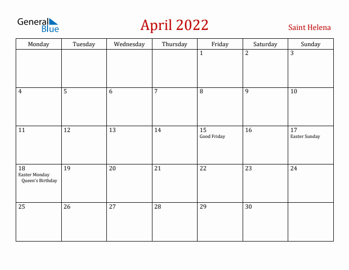 Saint Helena April 2022 Calendar - Monday Start