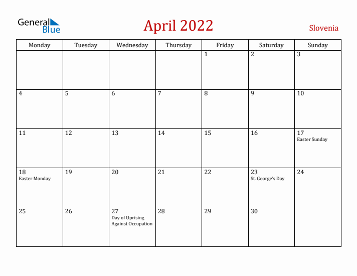 Slovenia April 2022 Calendar - Monday Start