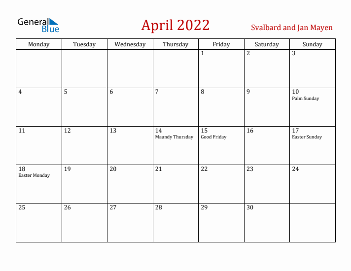 Svalbard and Jan Mayen April 2022 Calendar - Monday Start