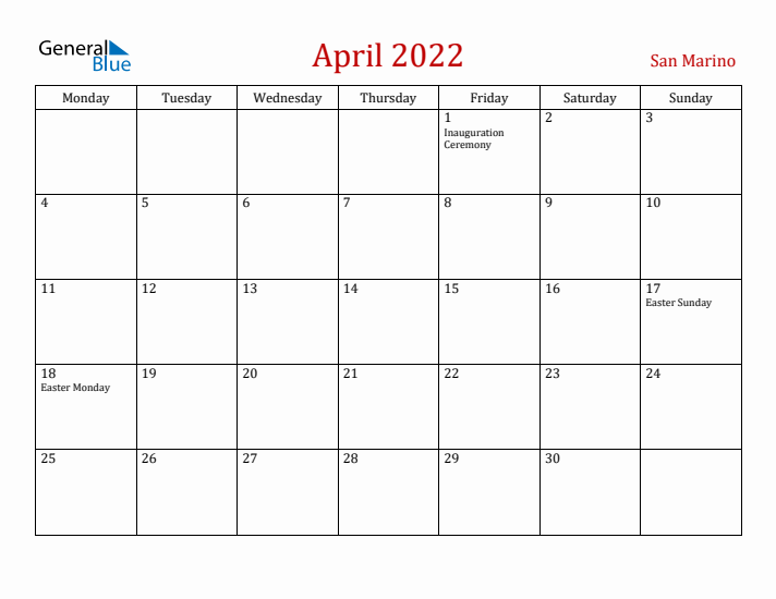 San Marino April 2022 Calendar - Monday Start