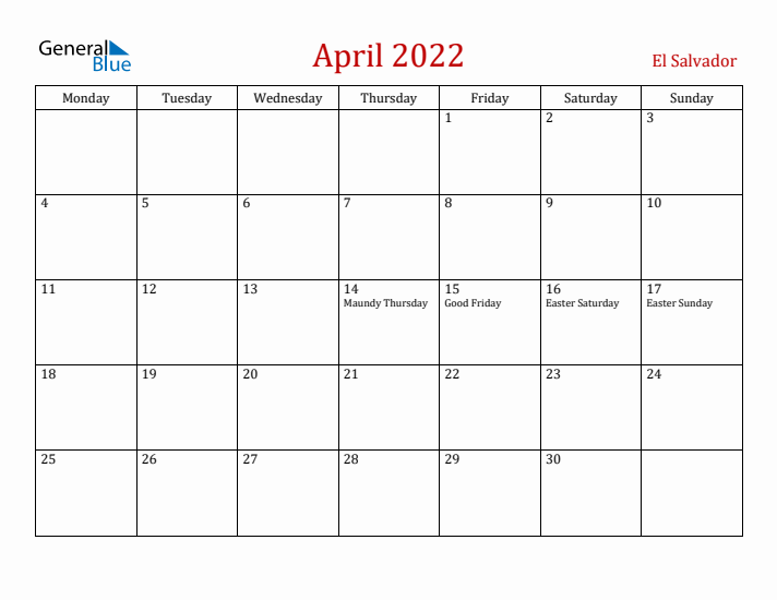 El Salvador April 2022 Calendar - Monday Start