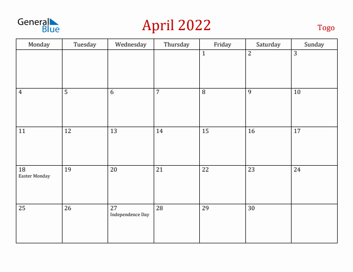 Togo April 2022 Calendar - Monday Start