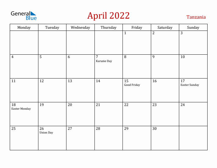 Tanzania April 2022 Calendar - Monday Start