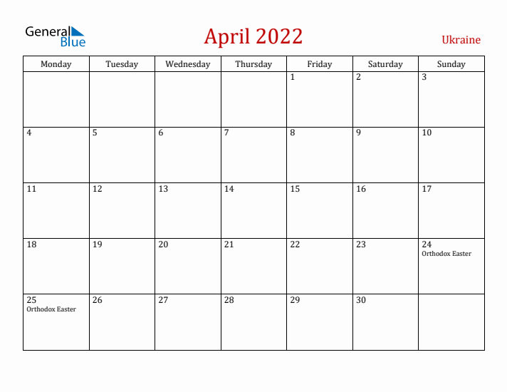 Ukraine April 2022 Calendar - Monday Start