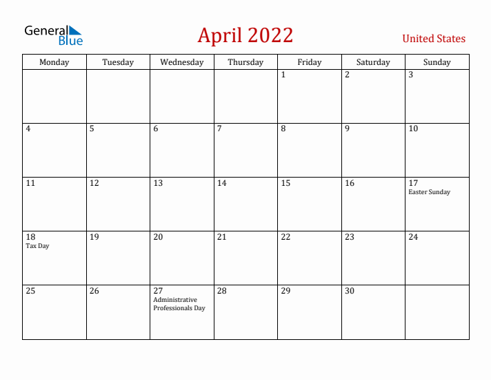 United States April 2022 Calendar - Monday Start