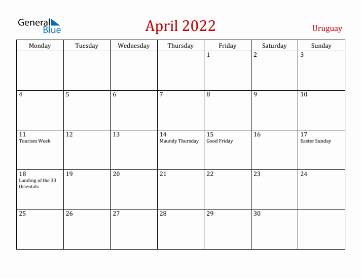 Uruguay April 2022 Calendar - Monday Start