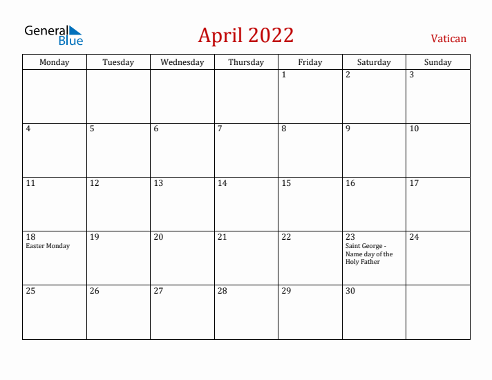 Vatican April 2022 Calendar - Monday Start