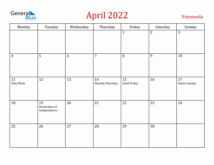 Venezuela April 2022 Calendar - Monday Start