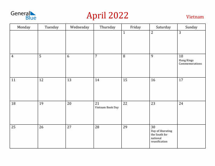 Vietnam April 2022 Calendar - Monday Start