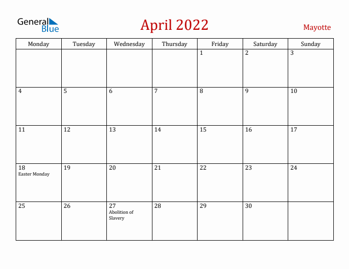 Mayotte April 2022 Calendar - Monday Start