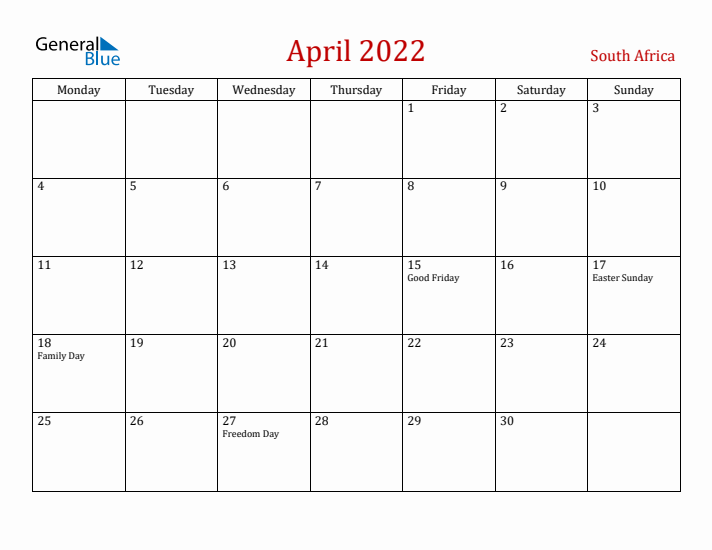South Africa April 2022 Calendar - Monday Start