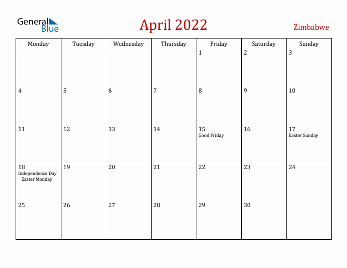 Zimbabwe April 2022 Calendar - Monday Start