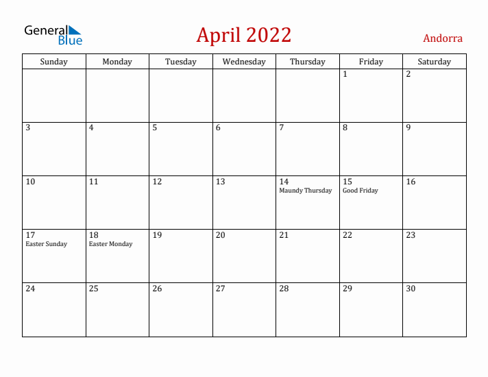 Andorra April 2022 Calendar - Sunday Start
