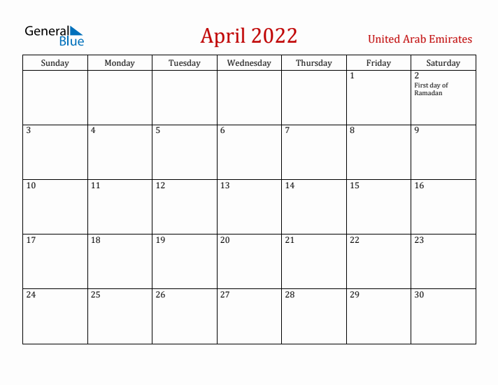 United Arab Emirates April 2022 Calendar - Sunday Start