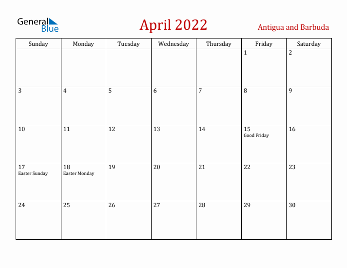 Antigua and Barbuda April 2022 Calendar - Sunday Start