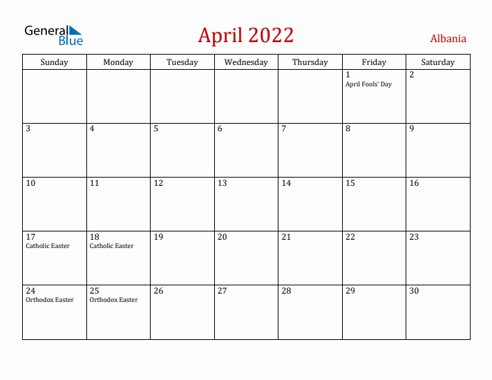Albania April 2022 Calendar - Sunday Start