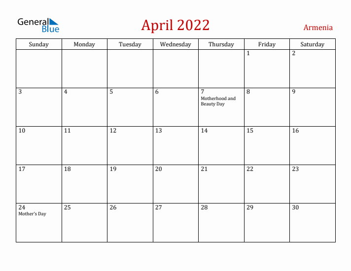 Armenia April 2022 Calendar - Sunday Start
