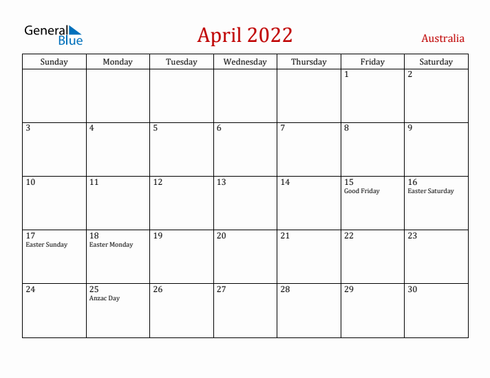 Australia April 2022 Calendar - Sunday Start
