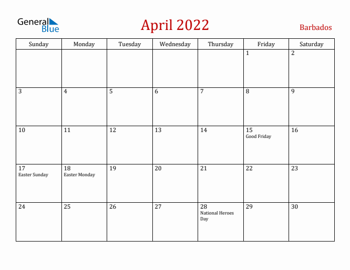 Barbados April 2022 Calendar - Sunday Start
